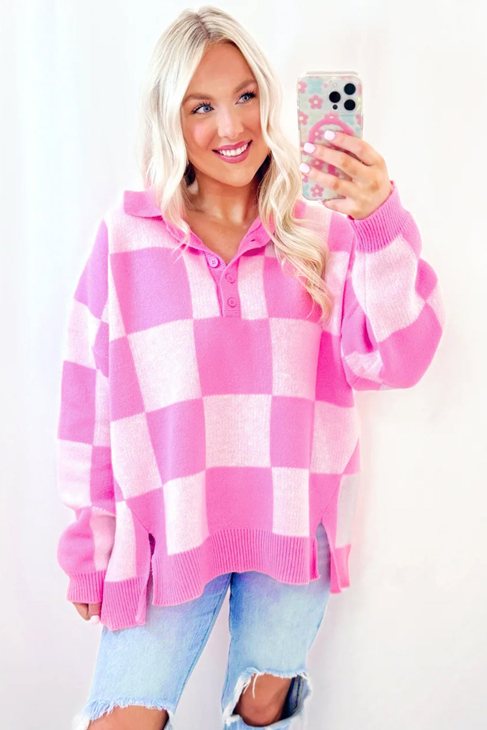 Slit Checkered Half Button Long Sleeve Sweater