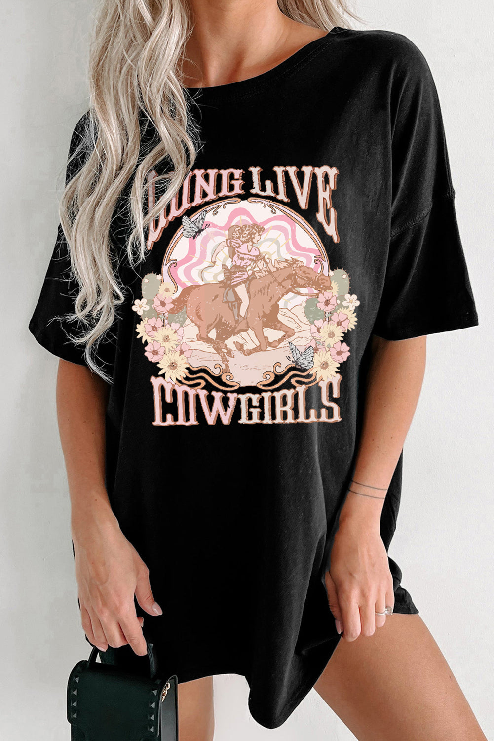 LONG LIVE COWGIRLS Graphic Round Neck Half Sleeve Oversize T-Shirt