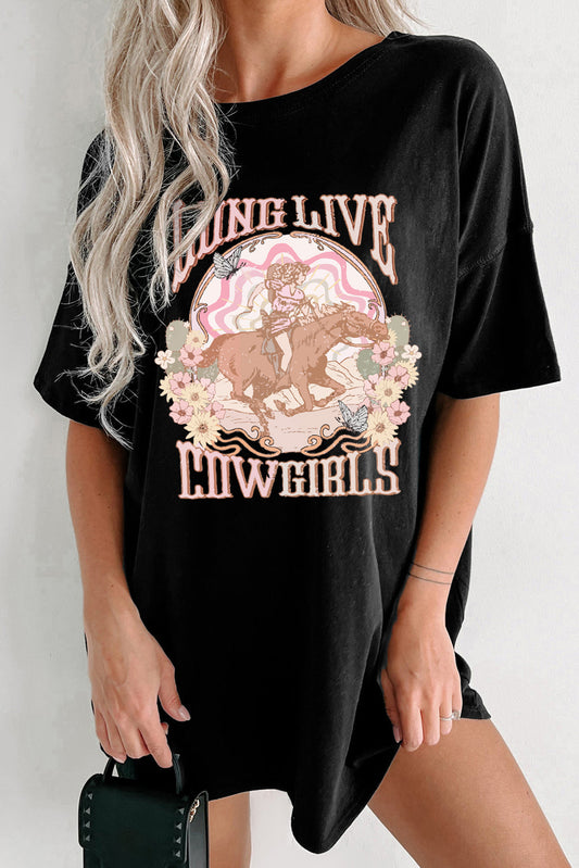 LONG LIVE COWGIRLS Graphic Round Neck Half Sleeve Oversize T-Shirt