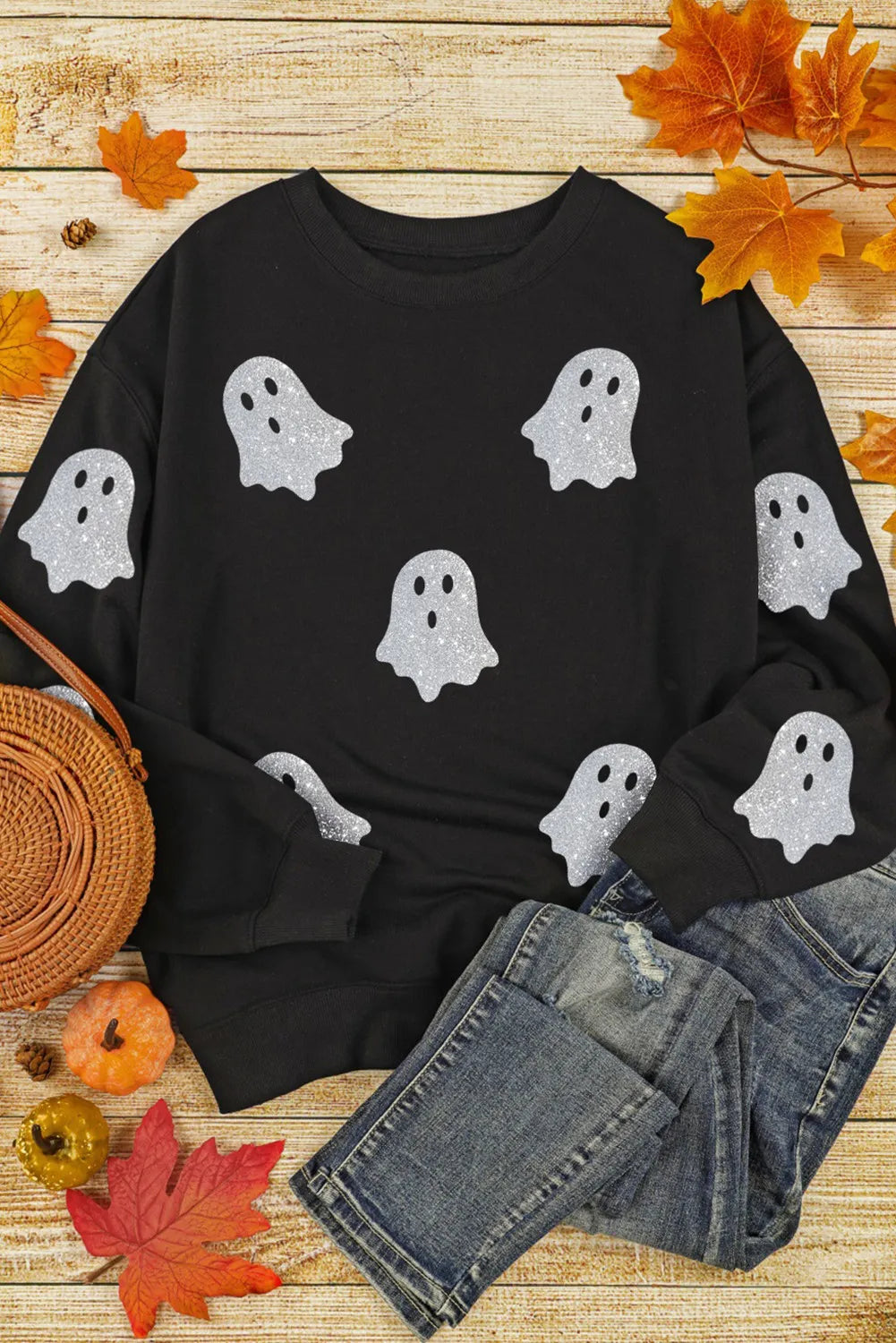 Glitter Ghost Round Neck Long Sleeve Sweatshirt