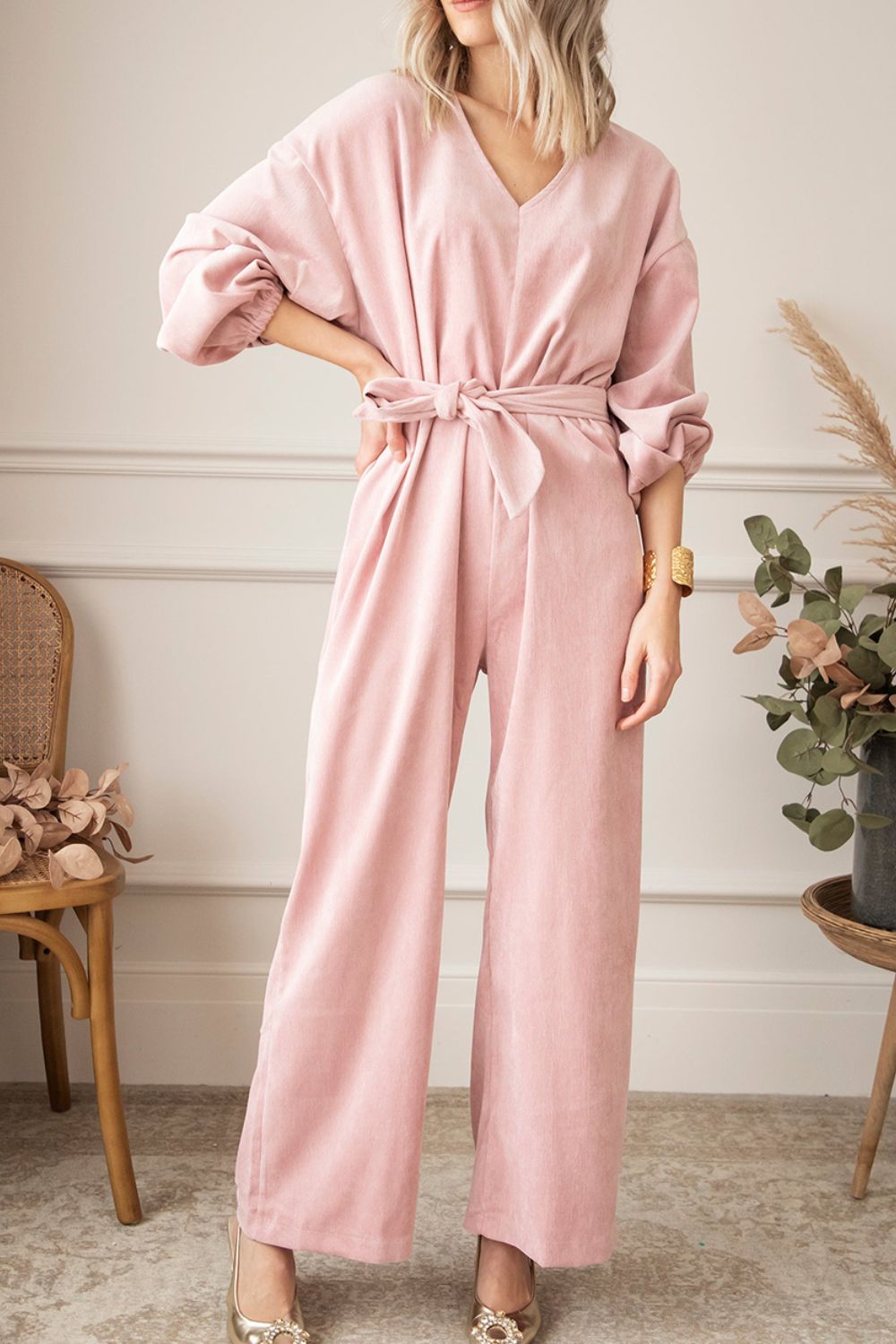 V-Neck Balloon Sleeve Wide Leg Jumpsuit