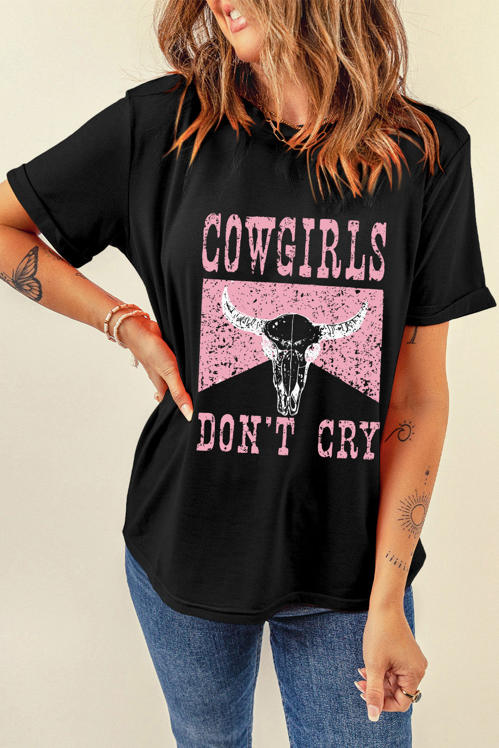 COWGIRLS DON'T CRY Graphic Round Neck Short Sleeve T-Shirt