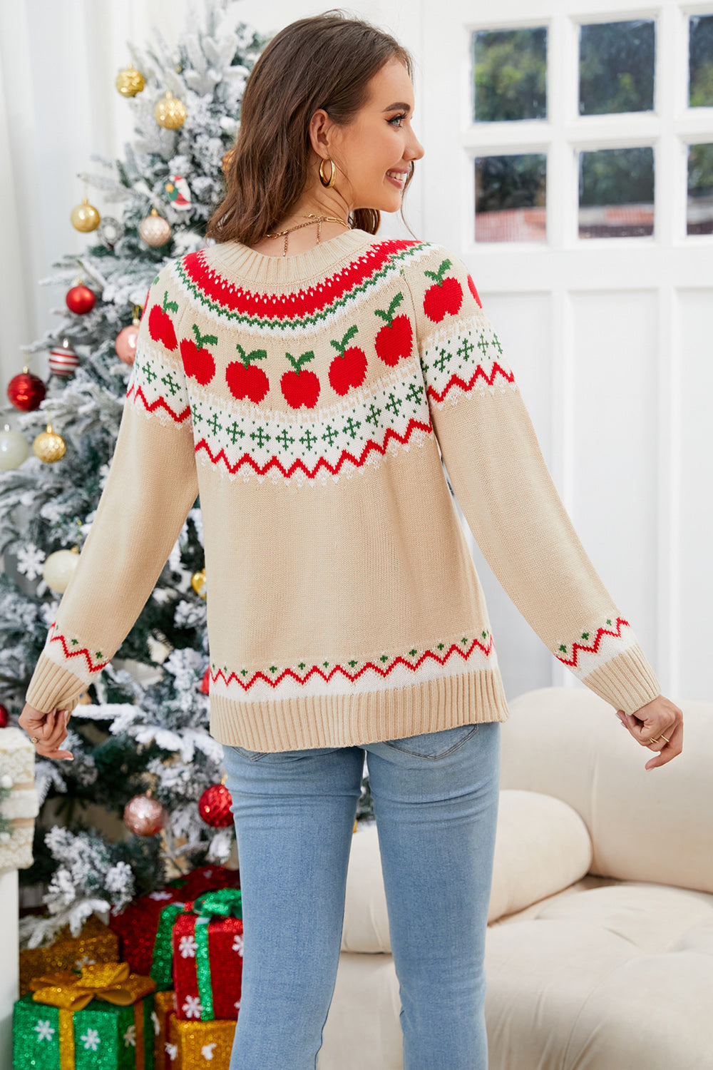 Apple Round Neck Long Sleeve Sweater