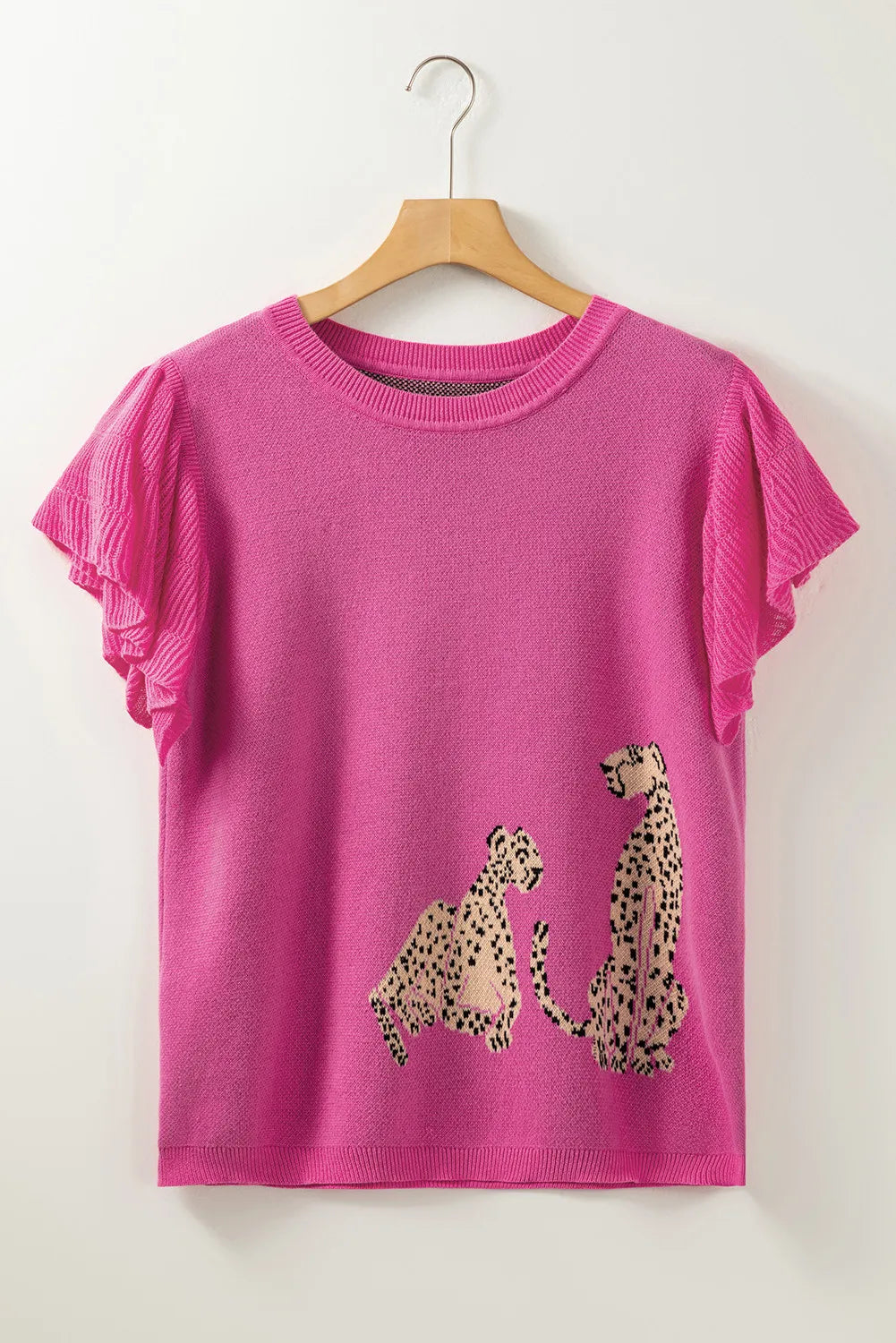 Cheetah Ruffled Round Neck Cap Sleeve Sweater
