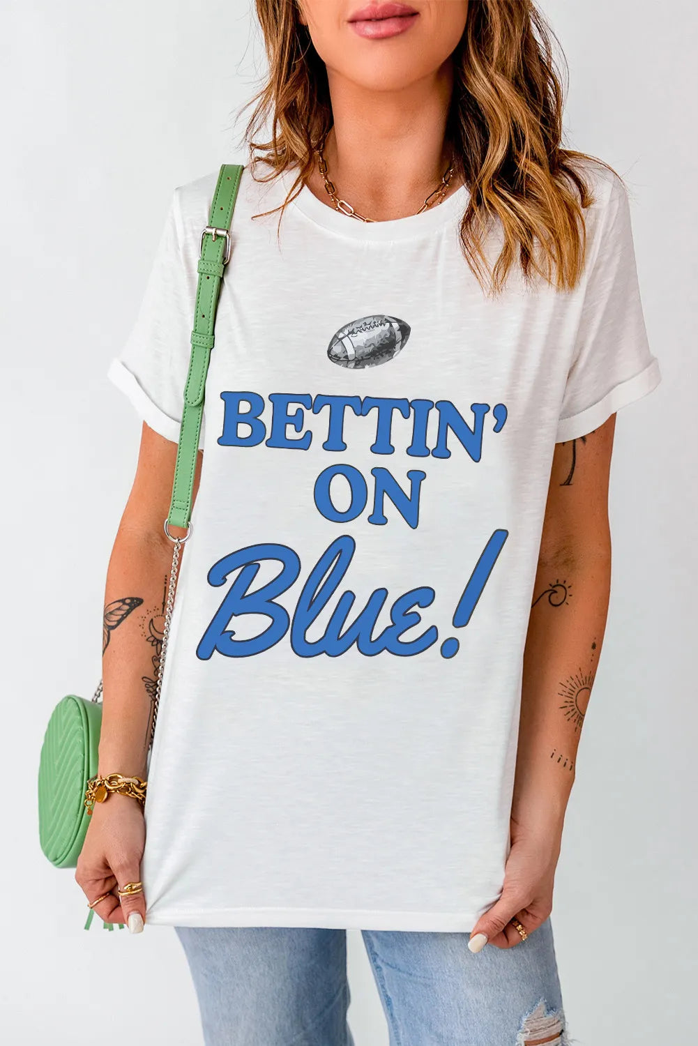 (Copy) BETTIN' ON BLUE! Letter Graphic Round Neck Short Sleeve T-Shirt