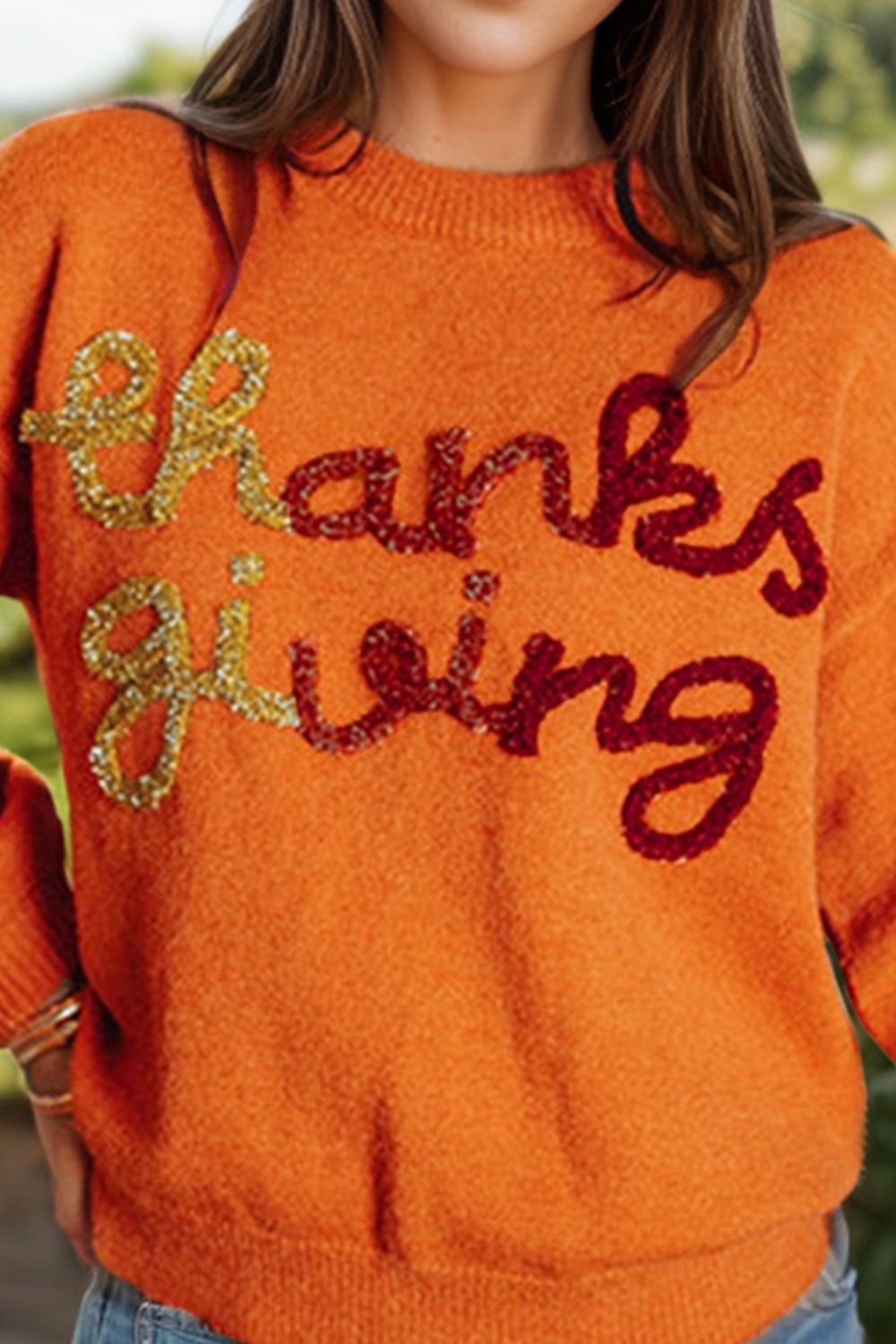 THANKSGIVING Letter Round Neck Long Sleeve Sweater