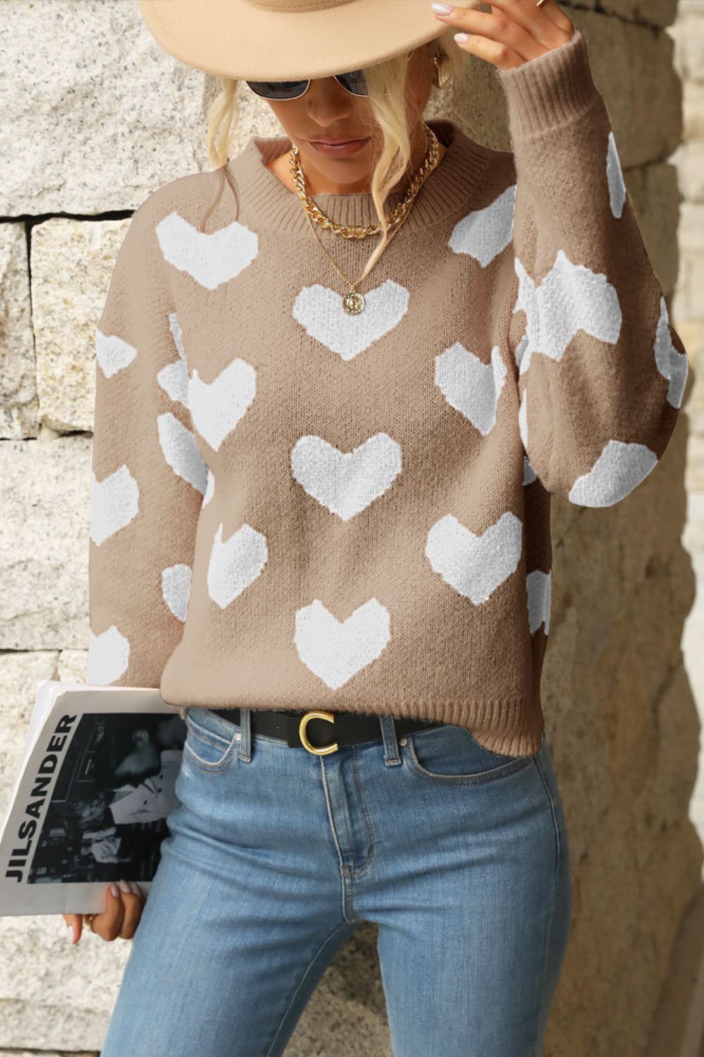 Heart Pattern Dropped Shoulder Sweater