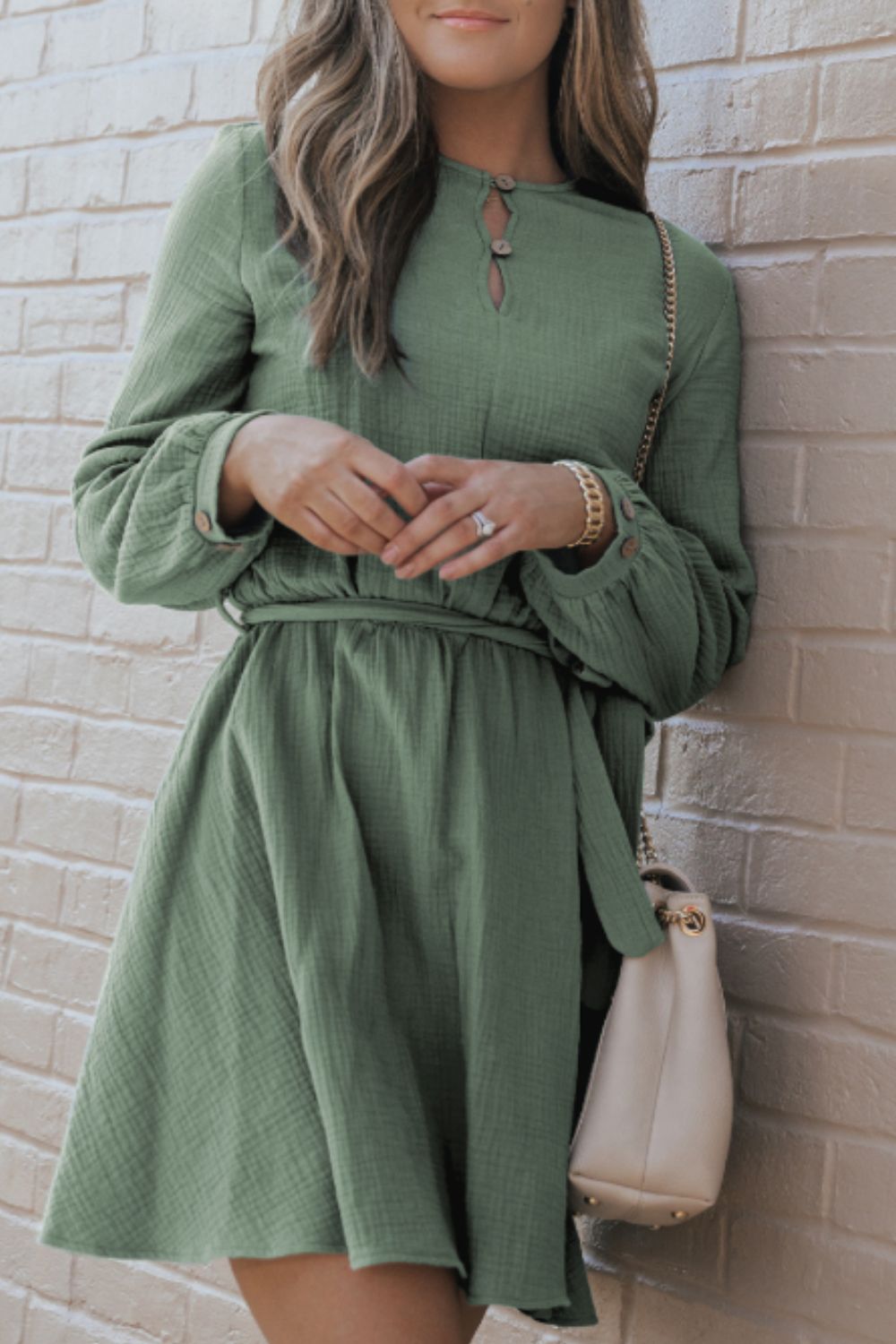 Round Neck Long Sleeve Tie Waist Dress