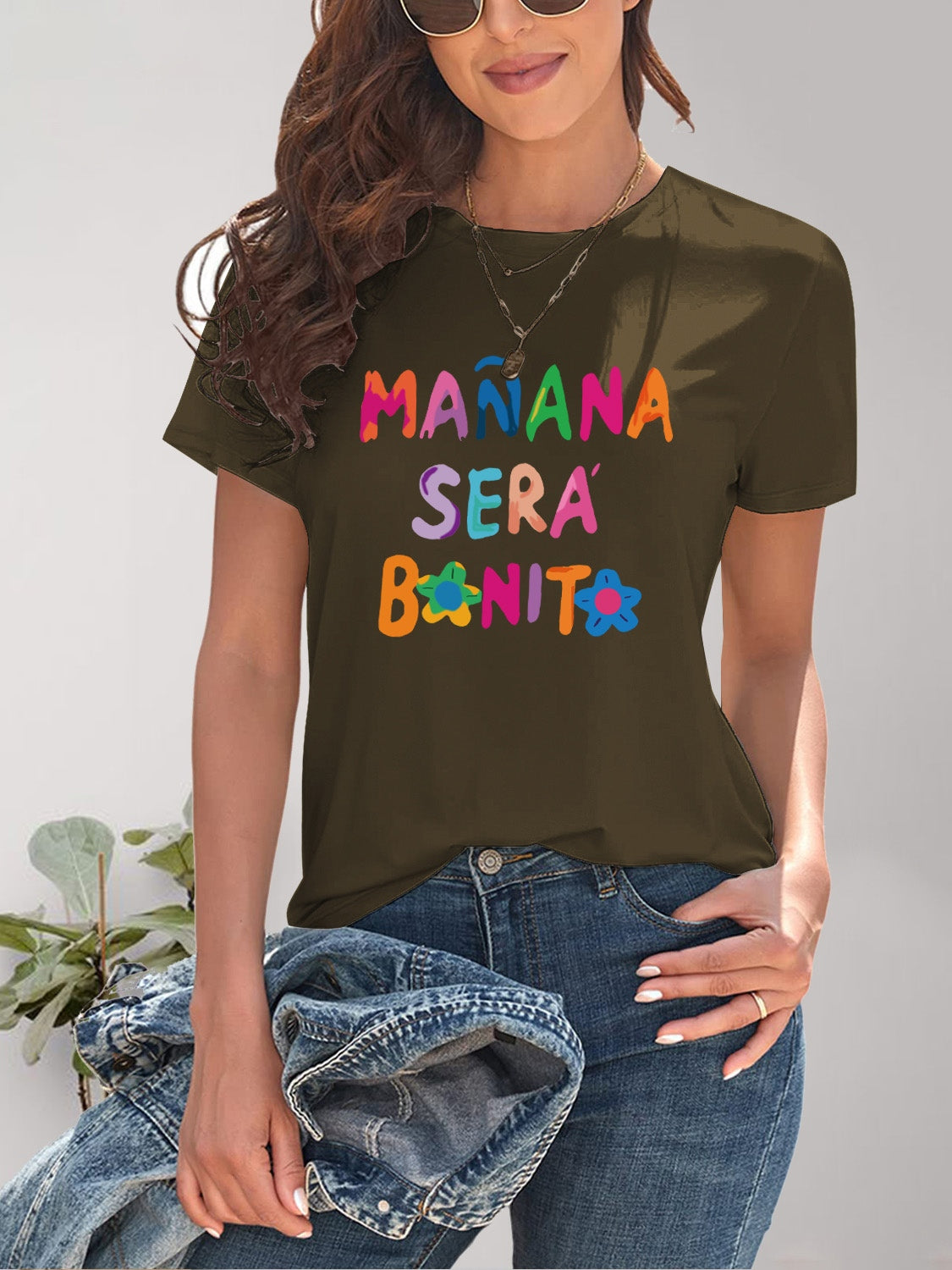 MAÑANA SERA BONITA Letter Graphic Round Neck Short Sleeve T-Shirt