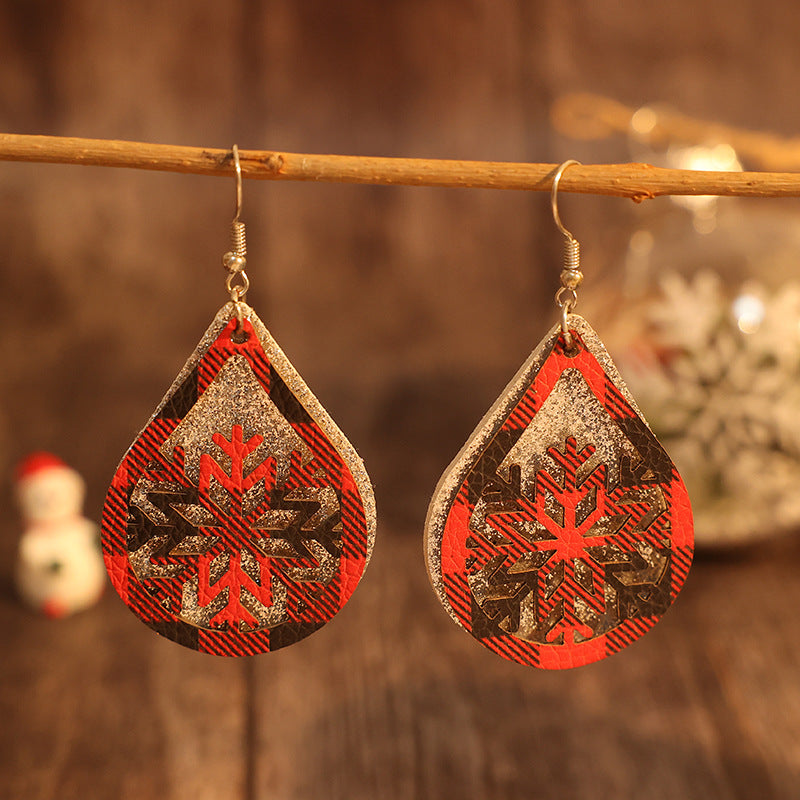 PU Leather Teardrop Shape Snowflake Earrings