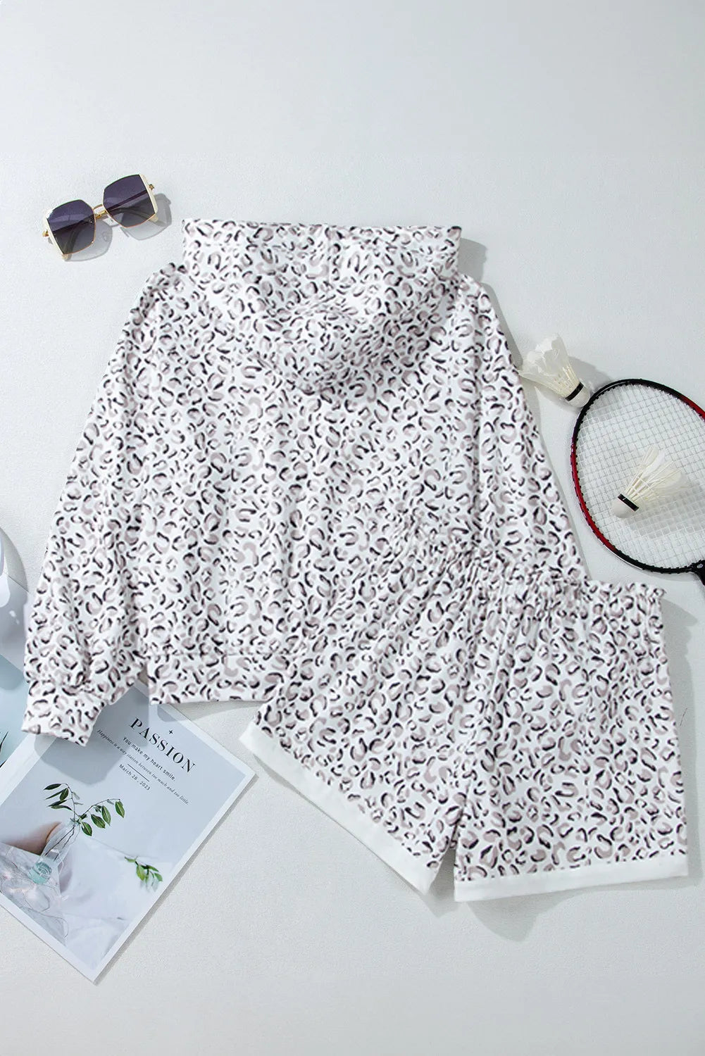 Drawstring Leopard Long Sleeve Hooded Top and Shorts Set