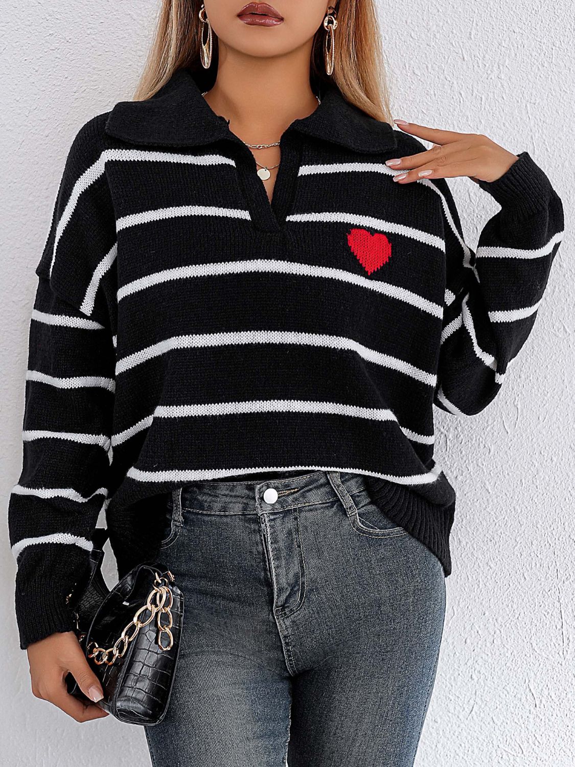 Heart Striped Johnny Collar Long Sleeve Sweater