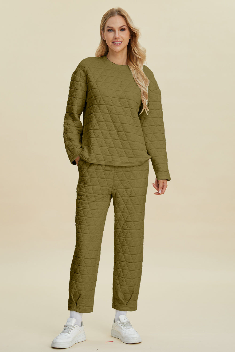 Double Take Full Size Texture Round Neck Long Sleeve Top and Pants Set