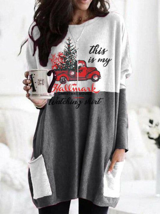 THIS IS MY HALLMARK CHRISTMAS MOVIE WATCHING SHIRT Full Size Graphic Two-Tone Round Neck Long Sleeve T-Shirt