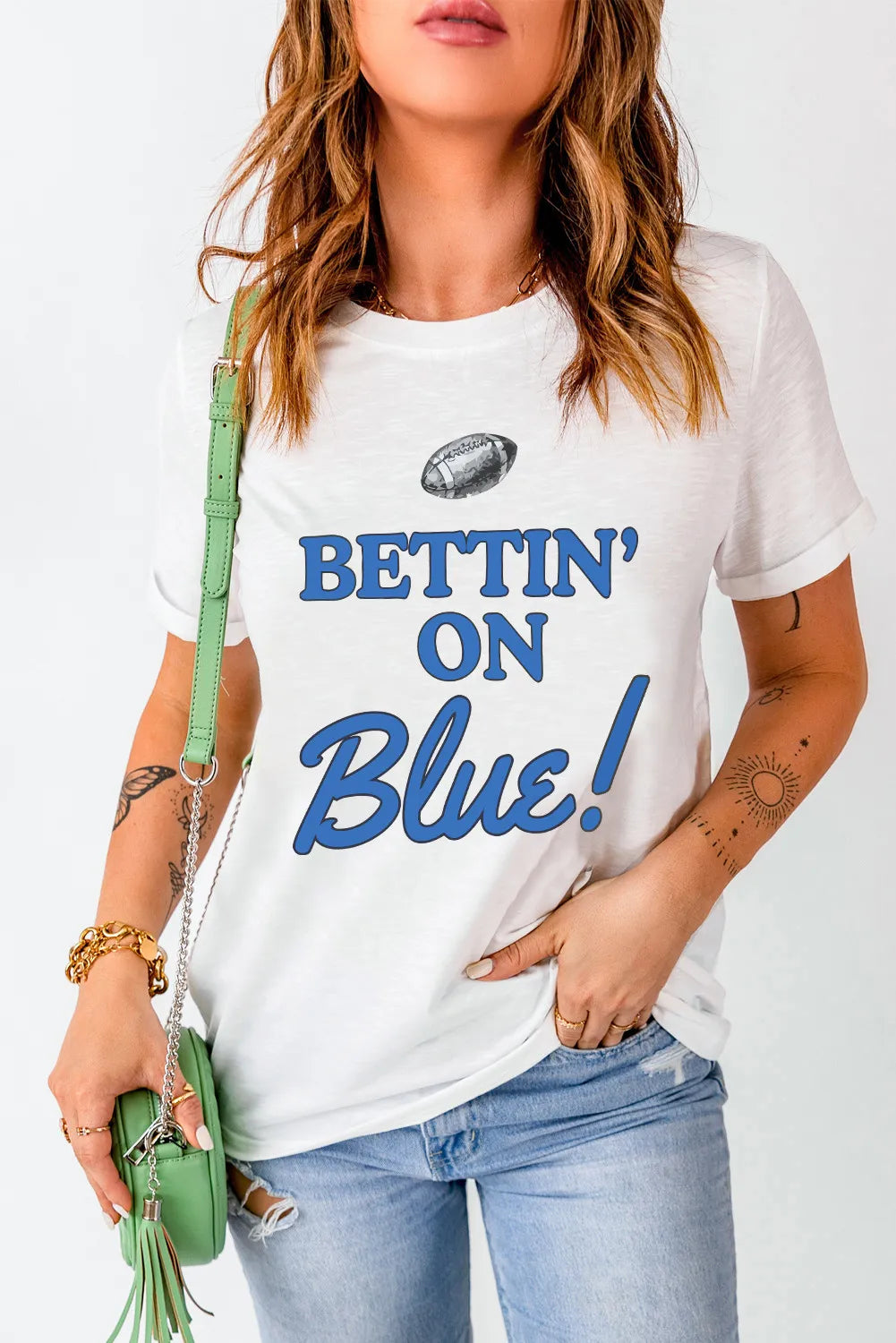 (Copy) BETTIN' ON BLUE! Letter Graphic Round Neck Short Sleeve T-Shirt