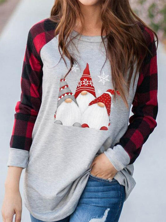 Full Size Winter Gnome Graphic Plaid Round Neck Long Sleeve T-Shirt