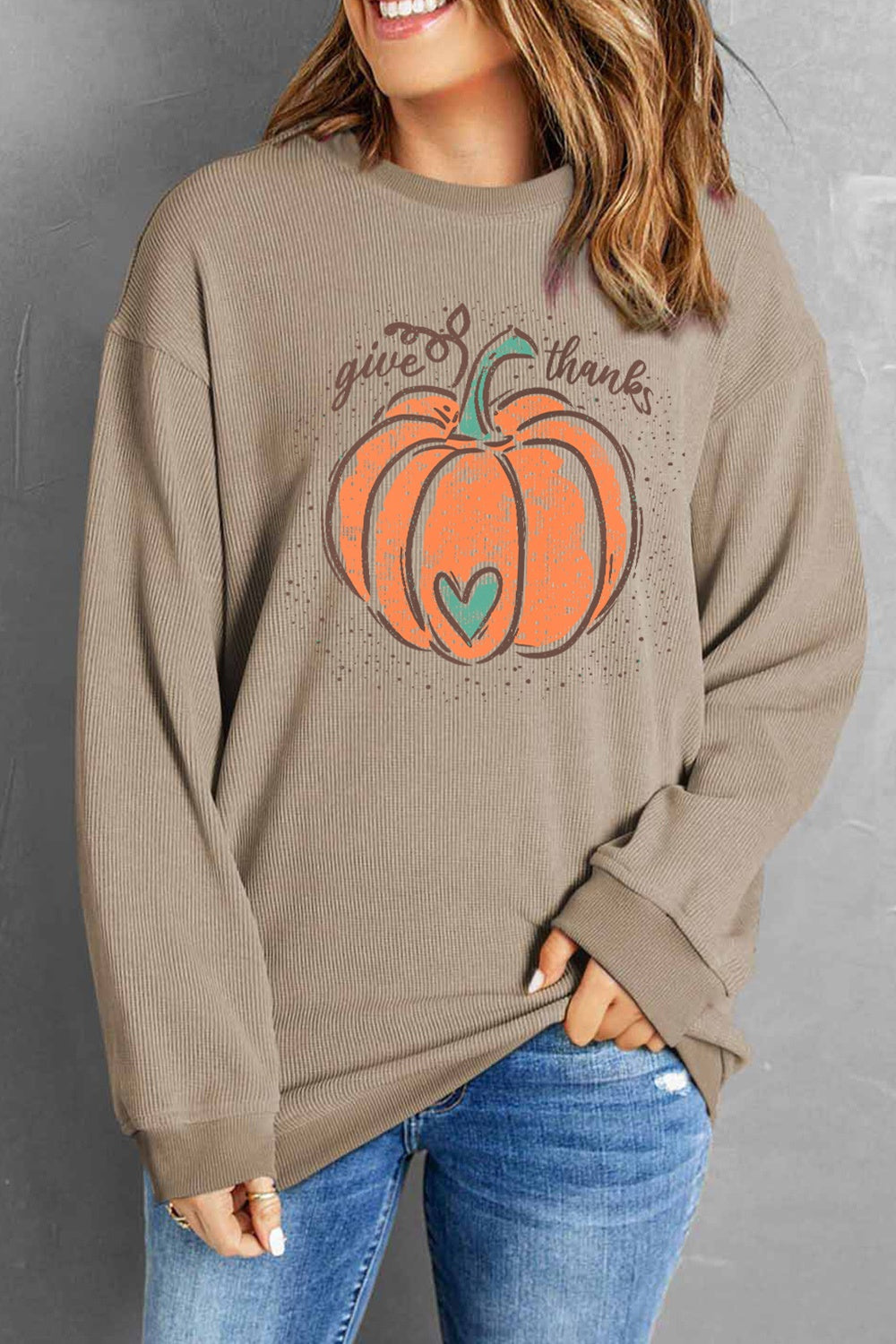 GIVE THANKS Pumpkin Graphic Round Neck Long Sleeve Sweatshirt