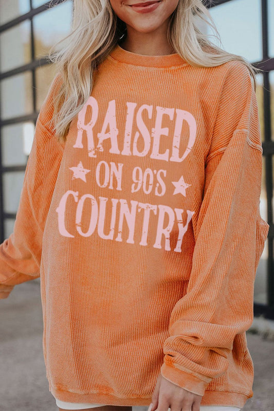 RAISED ON 90'S COUNTRY Letter Graphic Round Neck Long Sleeve Sweatshirt