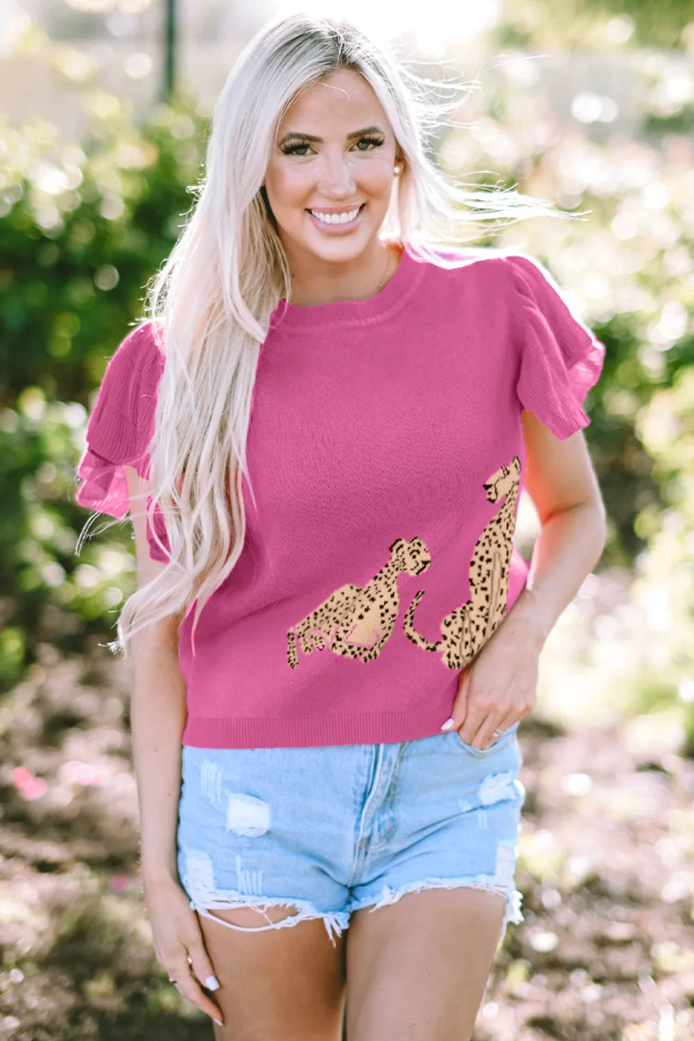 Cheetah Ruffled Round Neck Cap Sleeve Sweater