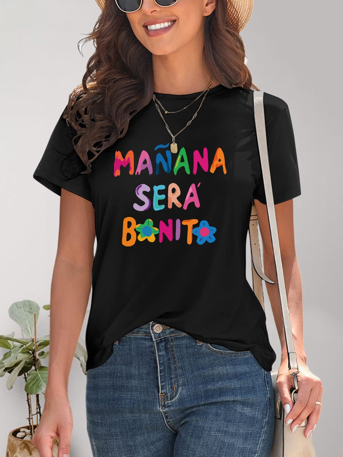 MAÑANA SERA BONITA Letter Graphic Round Neck Short Sleeve T-Shirt