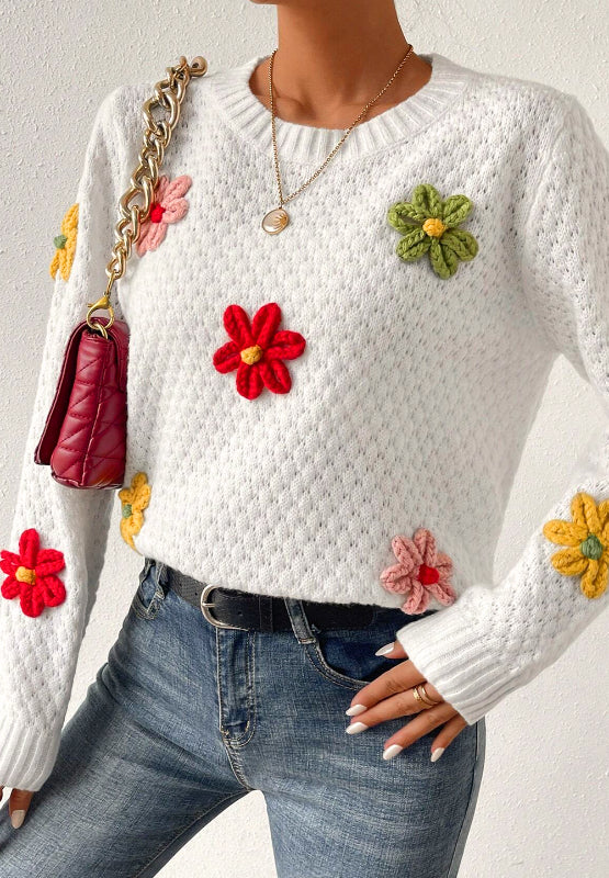 Crochet Flower Round Neck Long Sleeve Sweater