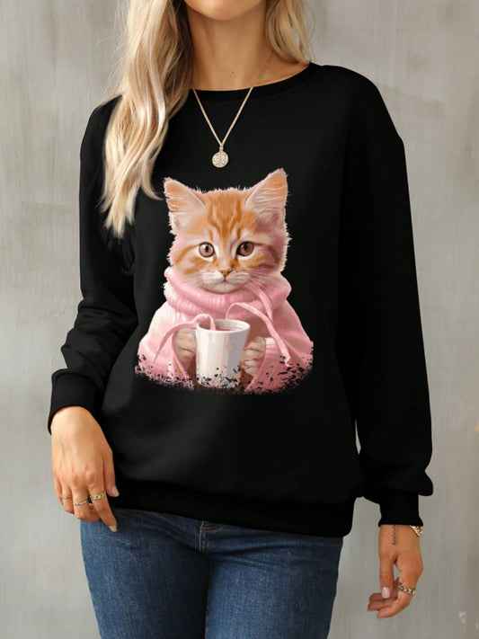 Cat Round Neck Long Sleeve Sweatshirt