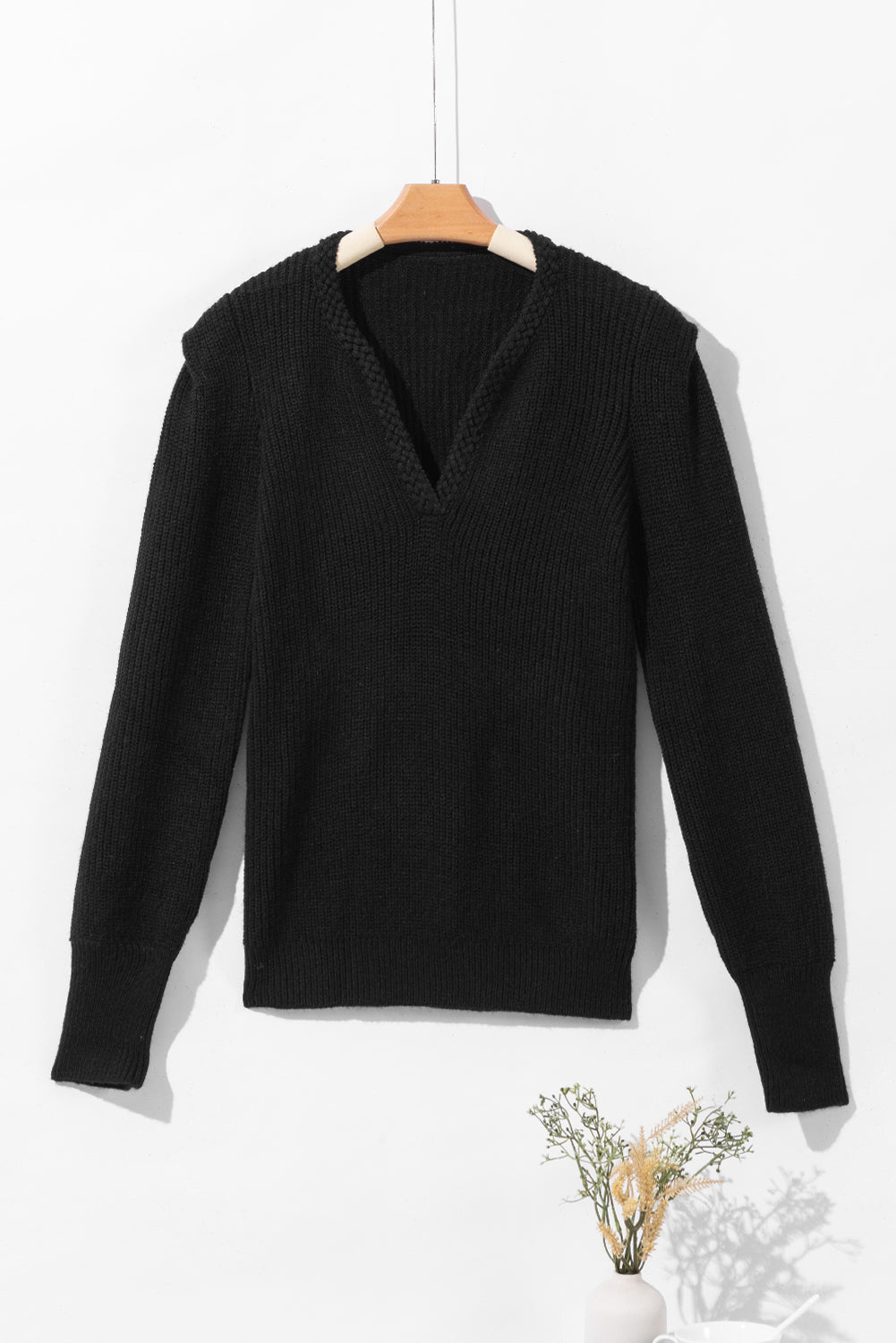 Solid Color Notched Long Sleeve Sweater