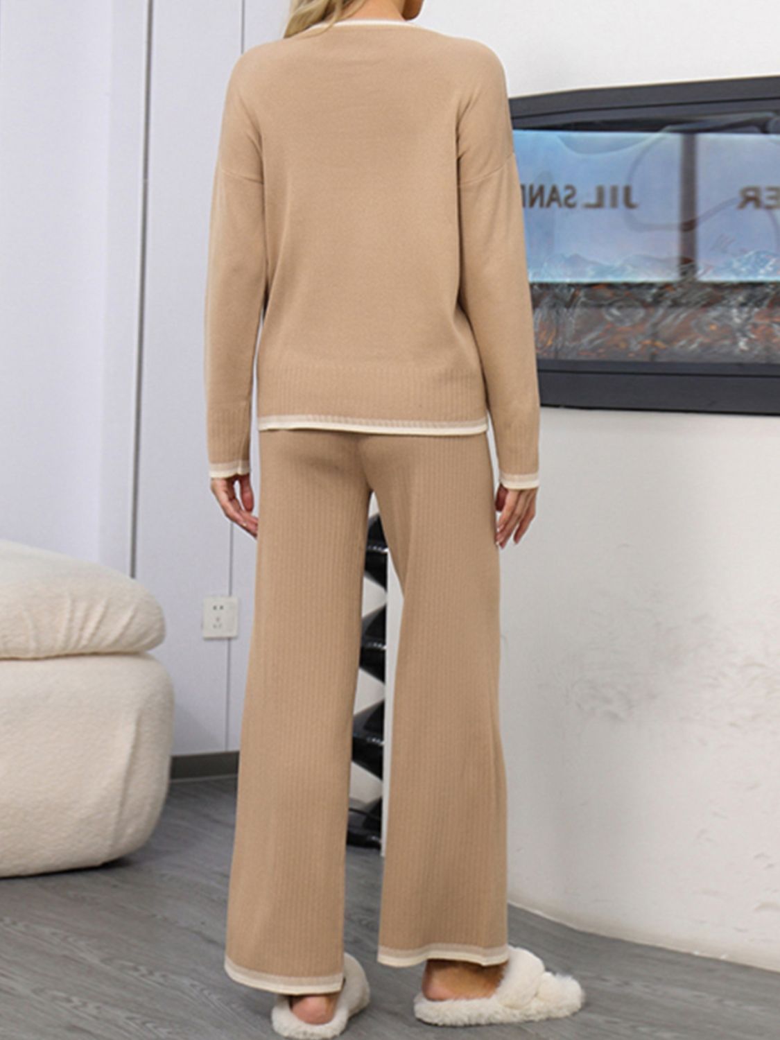 Contrast Trim Round Neck Top and Pants Sweater Set