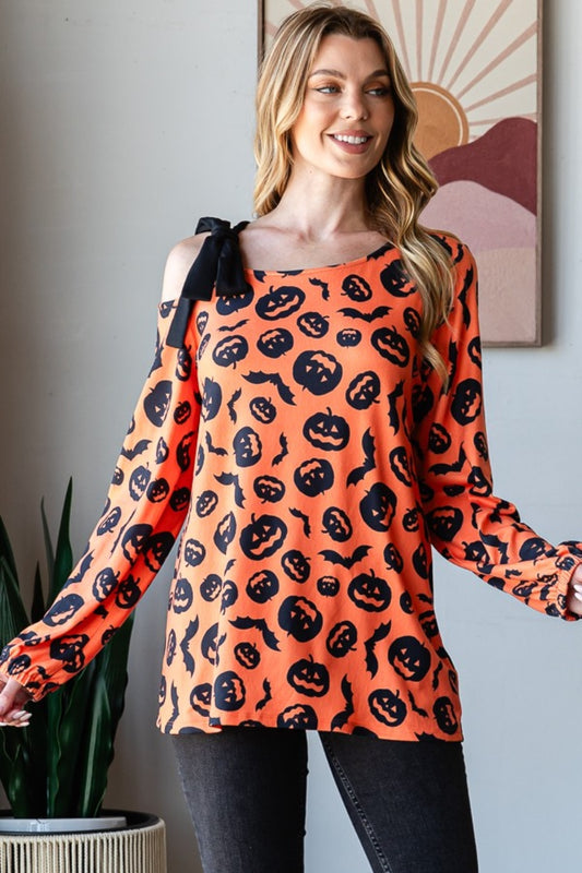 Heimish Pumpkin & Bats Print One Shoulder Bow T-Shirt