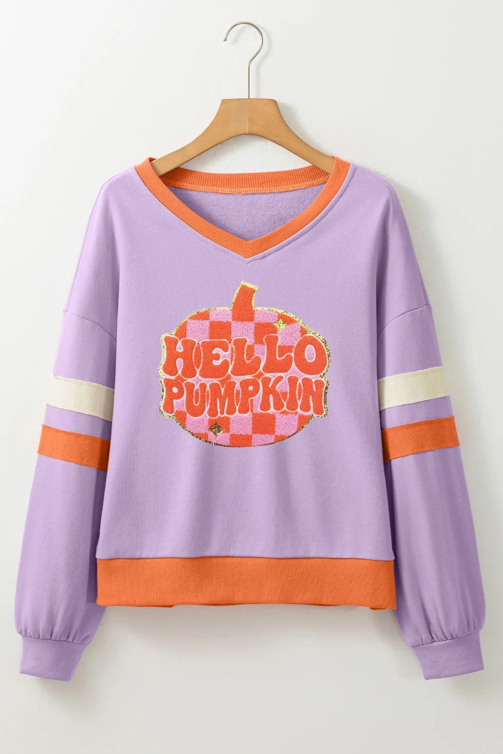 HELLO PUMPKIN Contrast V-Neck Long Sleeve Sweatshirt