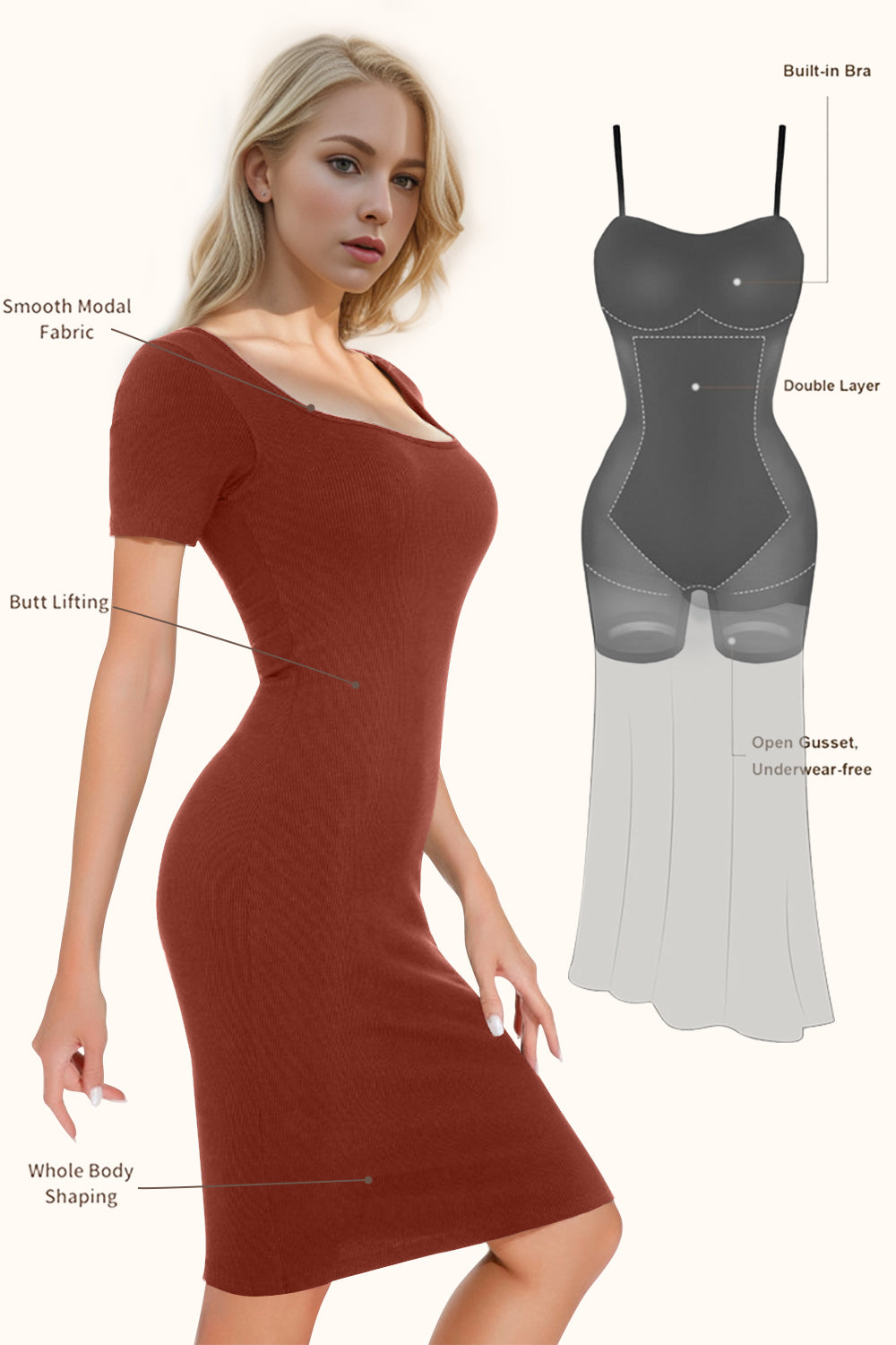 Basic Bae Full Size Built-In Shapewear Square Neck Short Sleeve Dress