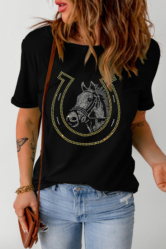 Horseshoe Horse Rhinestone Round Neck Short Sleeve T-Shirt