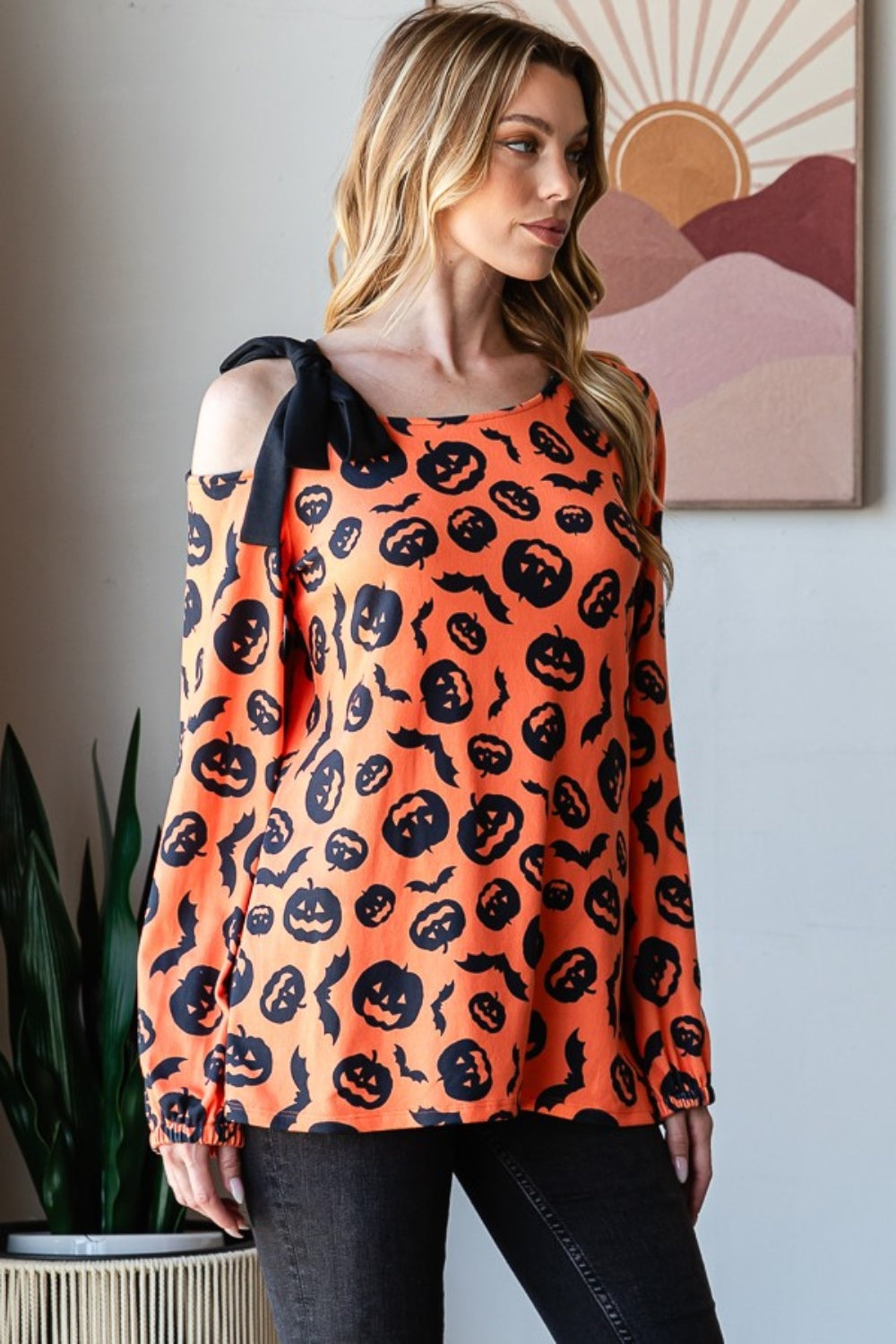 Heimish Pumpkin & Bats Print One Shoulder Bow T-Shirt