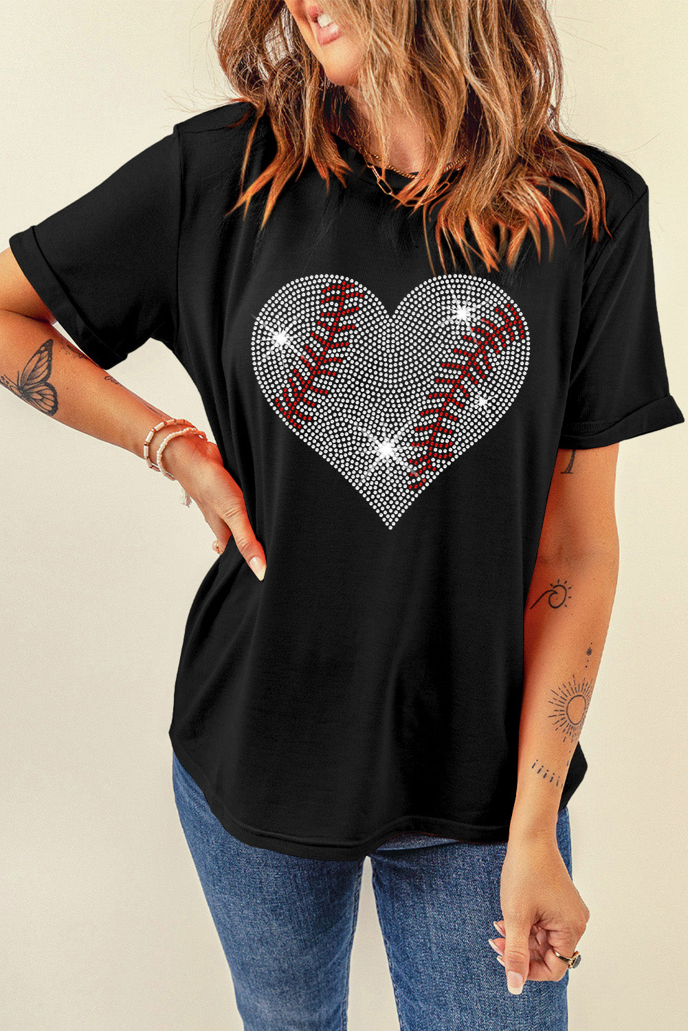 BASEBALL Rhinestone Heart Round Neck Short Sleeve T-Shirt