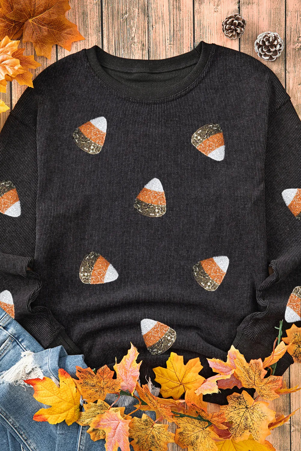 Sequin Candy Corn Round Neck Long Sleeve Sweatshirt