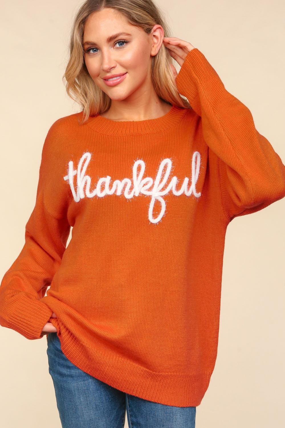 Haptics Size Metallic Glitter Embroidery THANKFUL Sweater