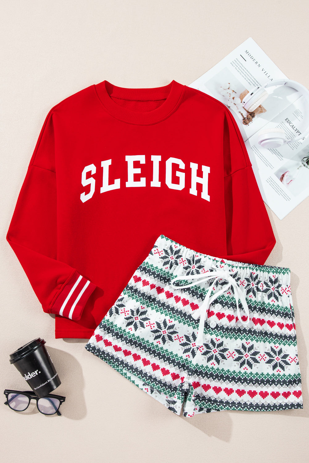 SLEIGH Letter Graphic Round Neck Top and Printed Shorts Lounge Set