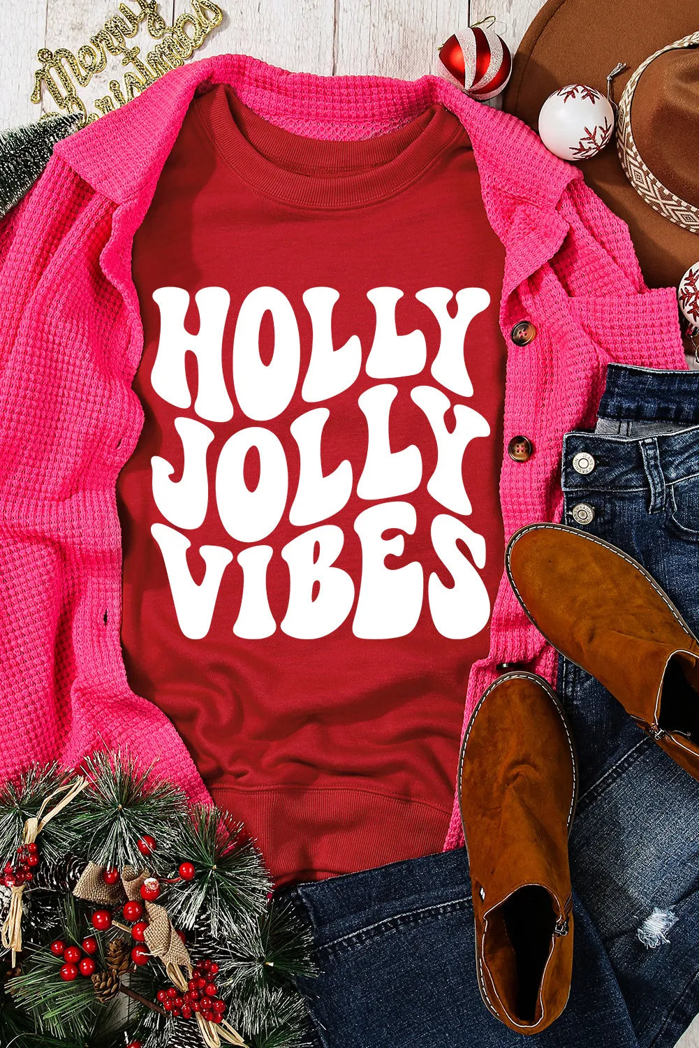 HOLLY JOLLY VIBES Letter Graphic Round Neck Long Sleeve Sweatshirt
