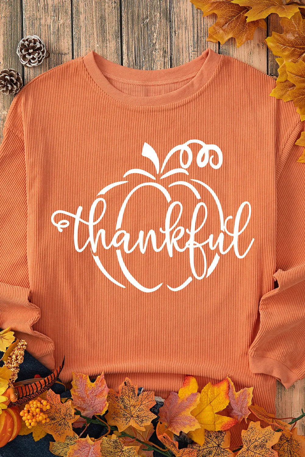 THANKFUL Pumpkin Graphic Round Neck Long Sleeve Sweatshirt