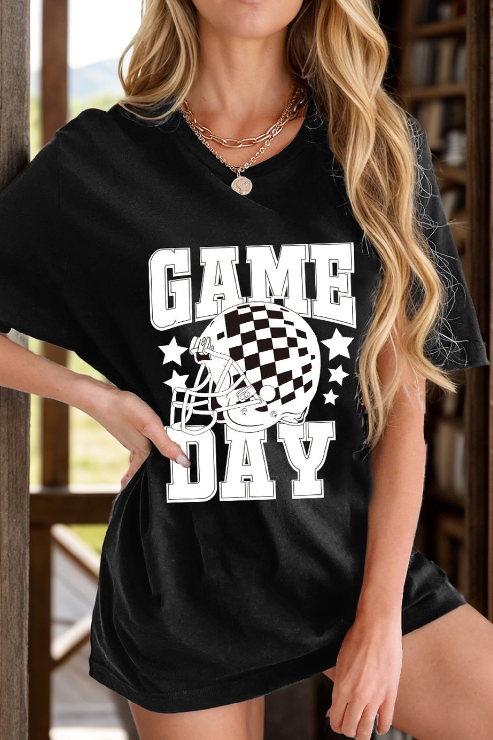 GAME DAY Checkered Helmet Round Neck Short Sleeve T-Shirt