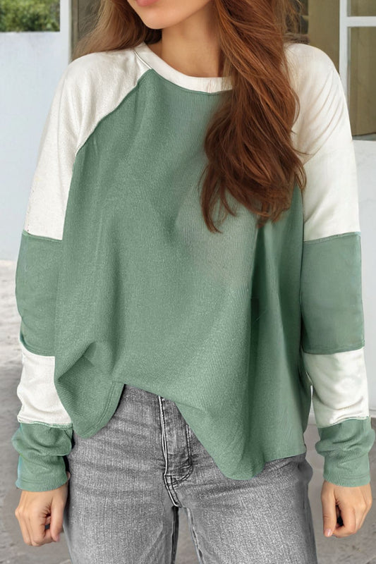 Color Block Round Neck Raglan Sleeve Top