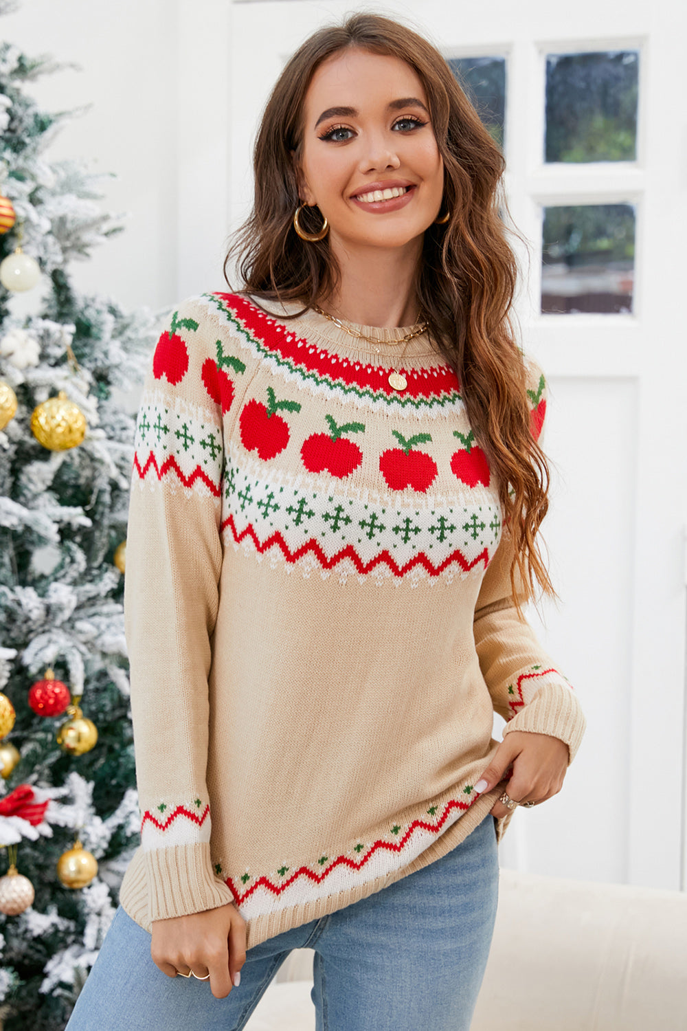 Apple Round Neck Long Sleeve Sweater