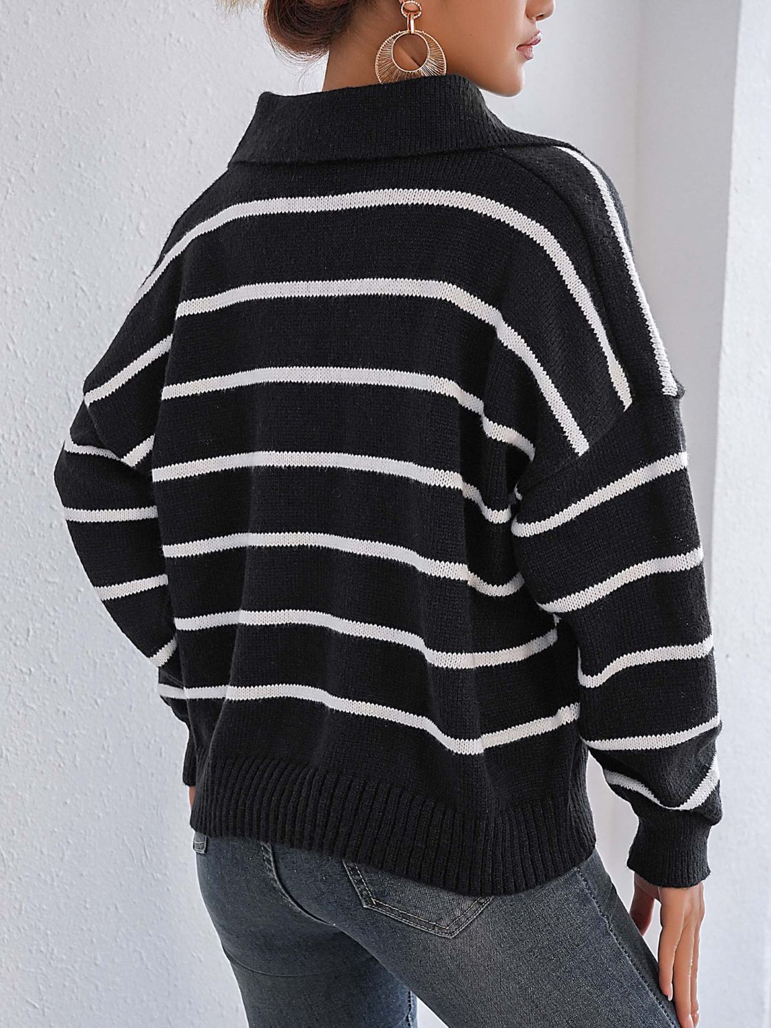 Heart Striped Johnny Collar Long Sleeve Sweater