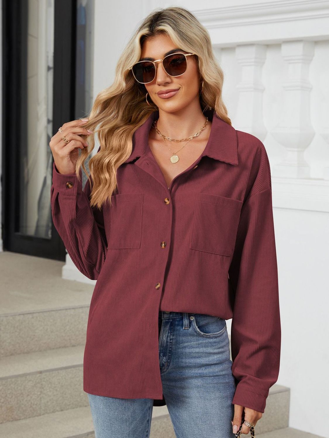 Button Up Long Sleeve Shirt with Breast Pockets