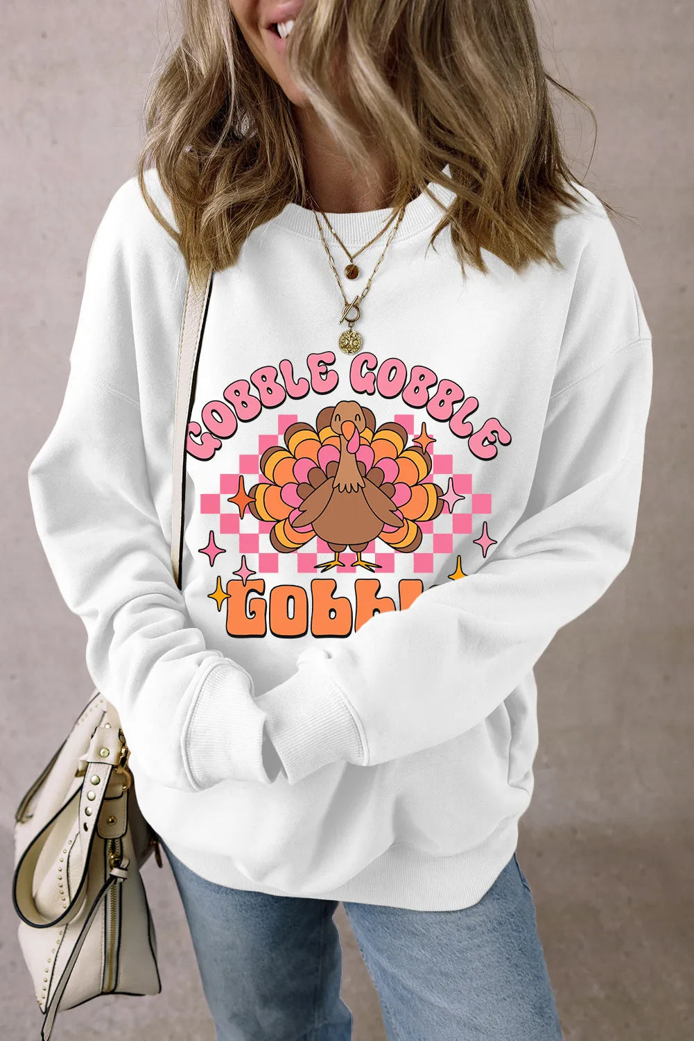 GOBBLE GOBBLE GOBBLE TURKEY Graphic Dropped Shoulder Long Sleeve Sweatshirt