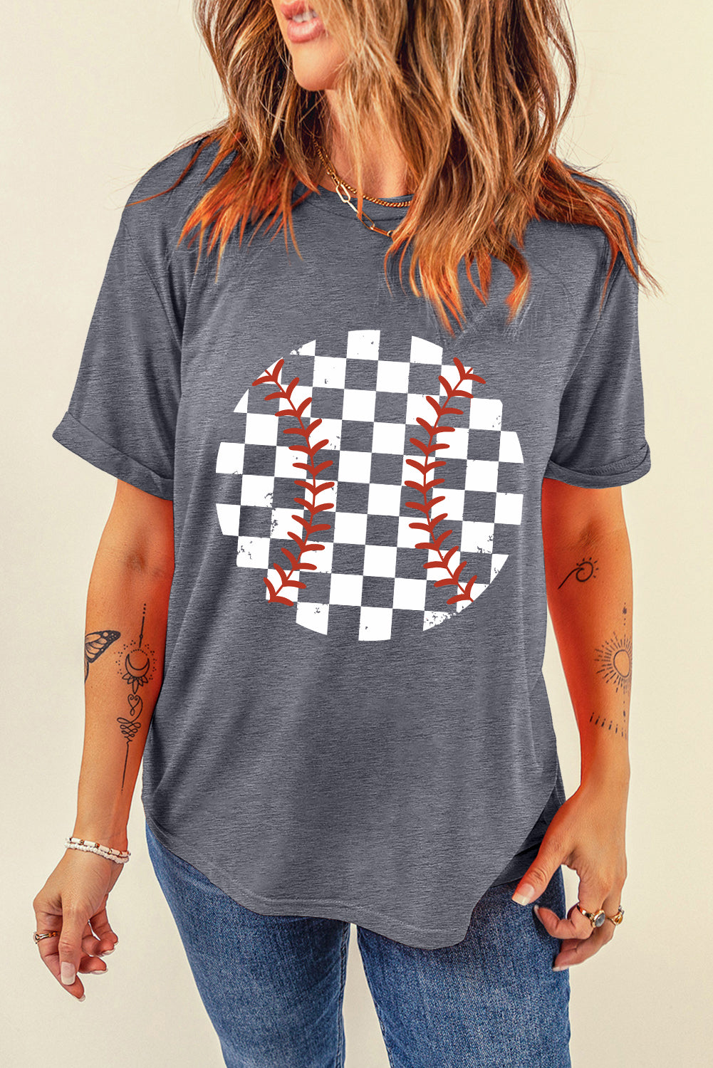 Baseball Softball Checkered Graphic Round Neck Short Sleeve T-Shirt