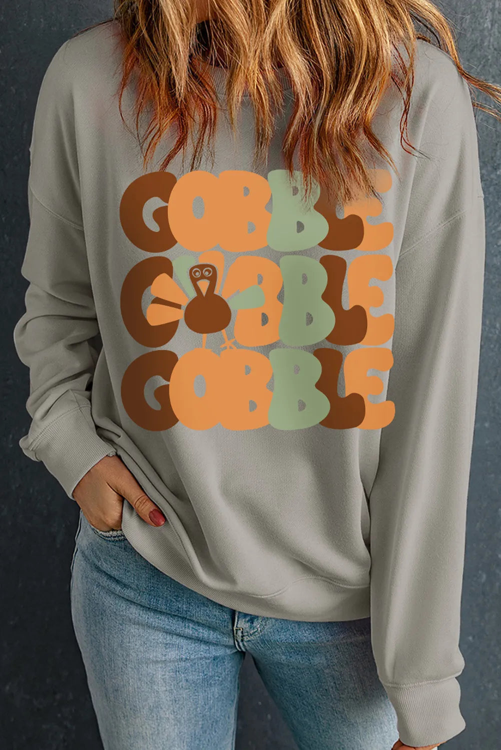 GOBBLE GOBBLE GOBBLE Letter Graphic Round Neck Long Sleeve Sweatshirt