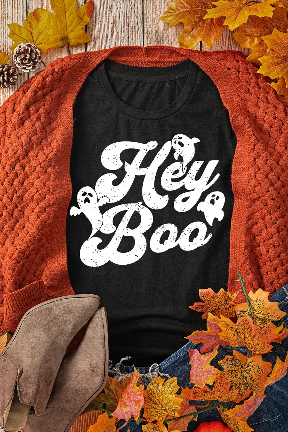 HEY BOO Letter Graphic Round Neck Short Sleeve T-Shirt