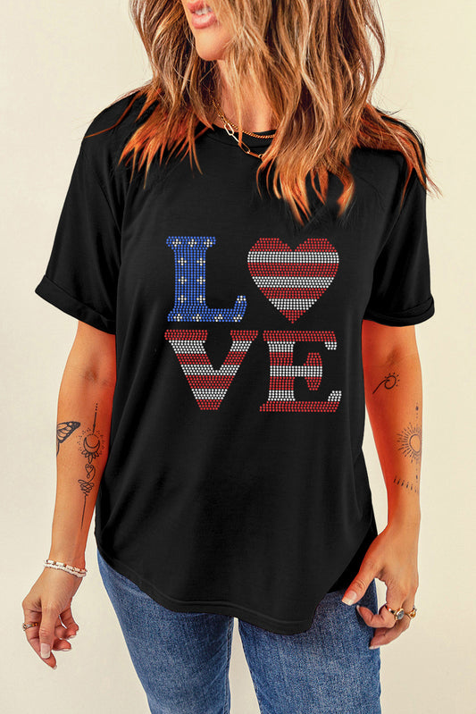 LOVE American Flag Rhinestone Round Neck Short Sleeve T-Shirt