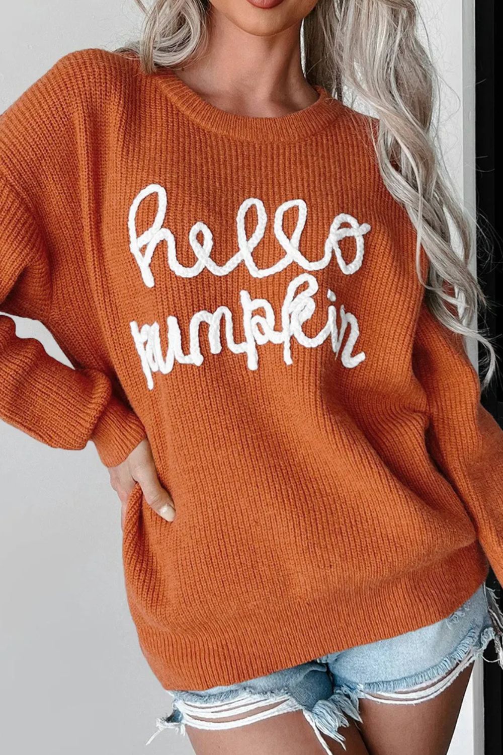 HELLO PUMPKIN Contrast Letter Round Neck Long Sleeve Sweater